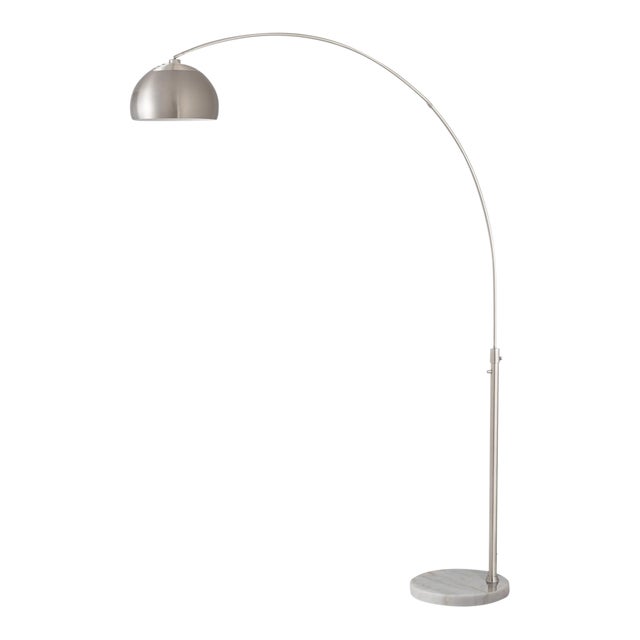 1960s Half Dome Mid Century Morelli Floor Lamp - Modern Arc Lamp, Satin Nickel Finish, White Marble Base, Dimmable For Sale