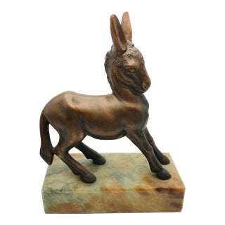 Antique Cast Copper Donkey Statue on Green Italian Marble For Sale