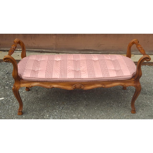 Wood Late 20th Century Provincial Style Fruitwood and Caned Seat Upholstered Bench For Sale - Image 7 of 8