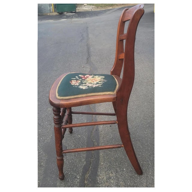 1940s A Pair of Early 20th Century Victorian Style Ladder Back Walnut and Needlepoint Upholstered Seat Side Chairs For Sale - Image 5 of 11