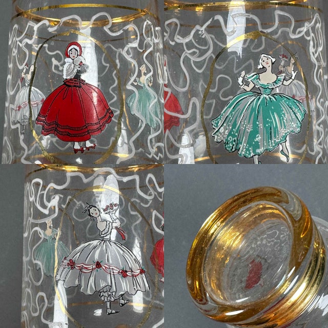 Vintage 1950s Gilded Pitcher & Glasses Hand Painted Victorian Scenes - a Set of 6 For Sale - Image 11 of 12