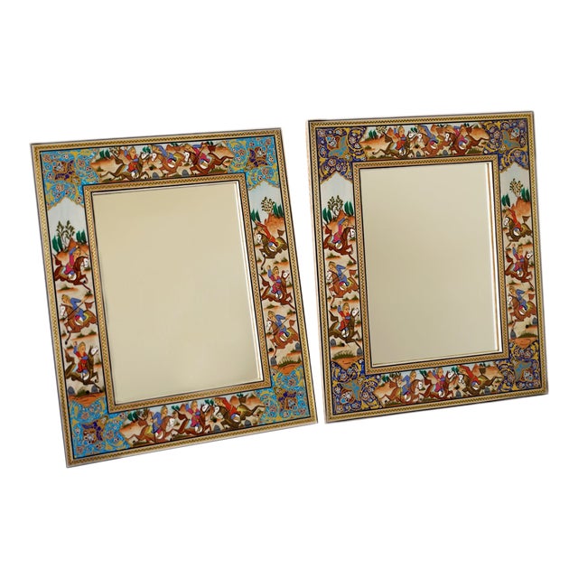 Hand-Painted Polo Scene Mirror – Indigo Miniature Artwork Frame, 33.5 × 28 Cm | Pilardi For Sale