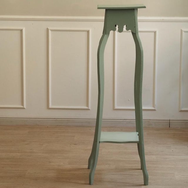 Mint Green Flower Stand with Two-Tiered Wooden Column with Curved Legs For Sale - Image 9 of 11