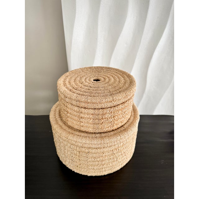 Tan Set of 2 Round Woven Nesting Baskets Yvon Organic Modern Medium and Large Abaca Rope Box Set With Lids by Pigeon & Poodle Line by Made Goods For Sale - Image 8 of 12