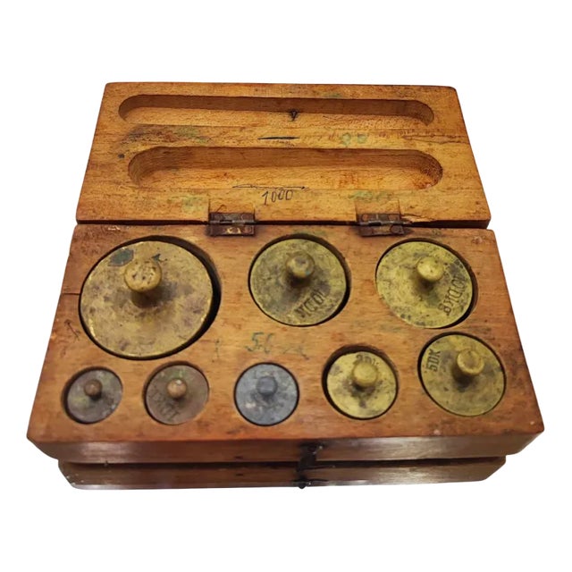 Pre-War Brass Weights in Scale Box, 1890s, Set of 9 For Sale