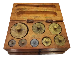 Pre-War Brass Weights in Scale Box, 1890s, Set of 9