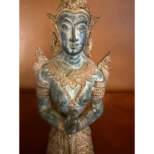 Asian Tibetan Guardian Angel Theppanom Statues Bronze / Gold Gilt 13" - ca.1960 - A Pair For Sale - Image 3 of 15