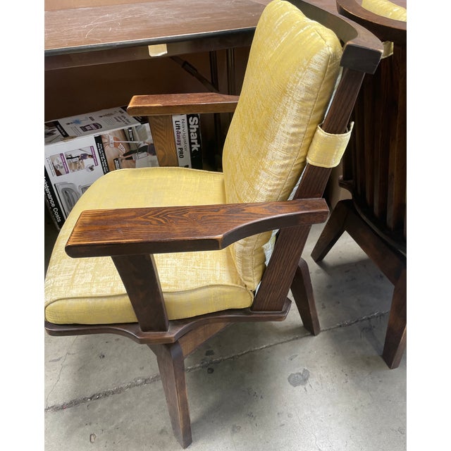 Brown Rare 7-Piece Mid-Century Modern Japanese Dining Set With Tiger Oak Live-Edge Trestle Table & 6 Swivel Chairs For Sale - Image 8 of 13