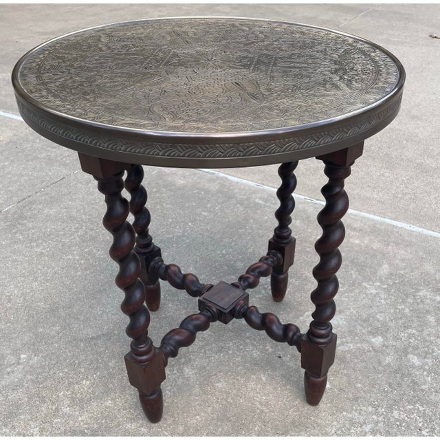 Vintage Barley Twist Wine Table With Etched Brass Top For Sale In Dallas - Image 6 of 9