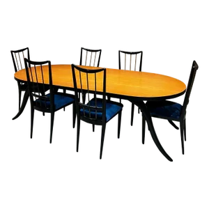 1950s Eugenio Escudero Ebonized Mahogany Dining Set and Six Velvet Chairs Mexico