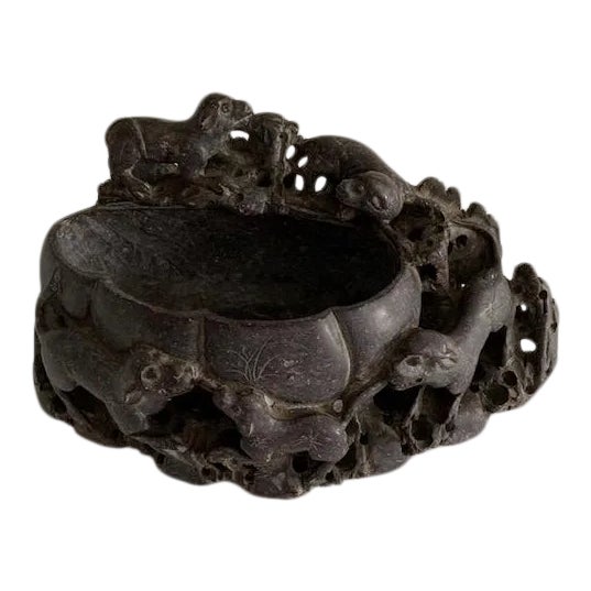Chinese Antique Carved Dogs Soapstone Brush Washer & Stand For Sale