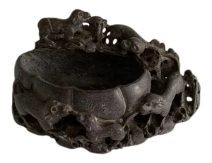 Chinese Antique Carved Dogs Soapstone Brush Washer & Stand