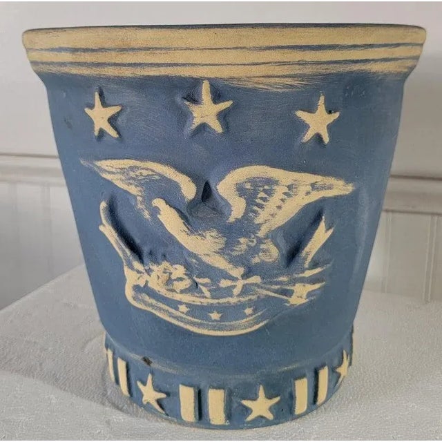 This amazing blue & white patriotic crock or planter pot is in fine condition and painted all the way around. The...