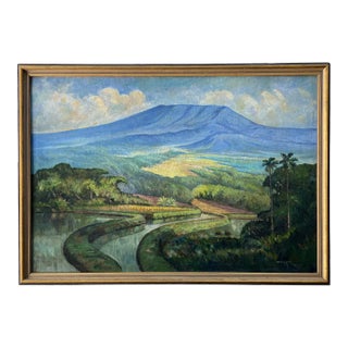 1930's Tropical Landscape Oil on Canvas in Original Frame "Rice Fields on Bali" For Sale