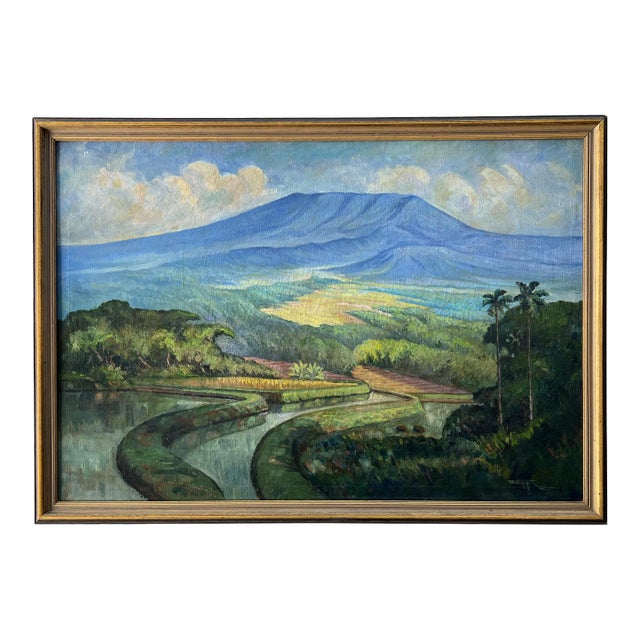 1930's Tropical Landscape Oil on Canvas in Original Frame "Rice Fields on Bali" For Sale