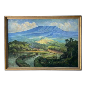 1930's Tropical Landscape Oil on Canvas in Original Frame "Rice Fields on Bali"