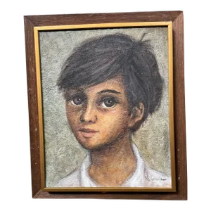 1970s Portrait Oil Painting of a Boy by Valenzuel, Framed