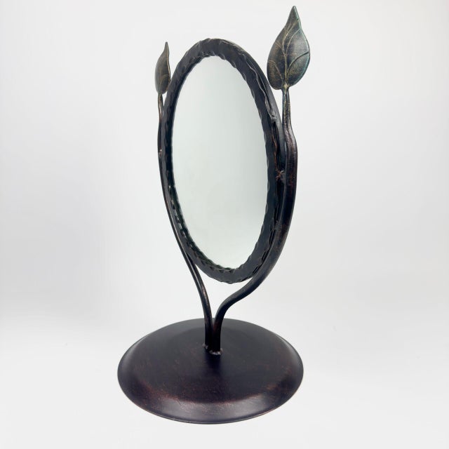 2020s Hand Forged Iron Tabletop Vanity Mirror (55cm) Antique Copper Leaf Design For Sale - Image 5 of 10
