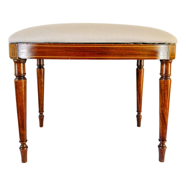 Antique English Edwardian Inlaid Mahogany Oval Bench Stool – Sheraton Revival Vanity Seat For Sale