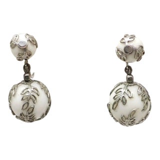 Vintage 1950s Signed Crown Trifari Silvertone Filigree & White Resin Dangle Clip Earrings-2 Pieces For Sale