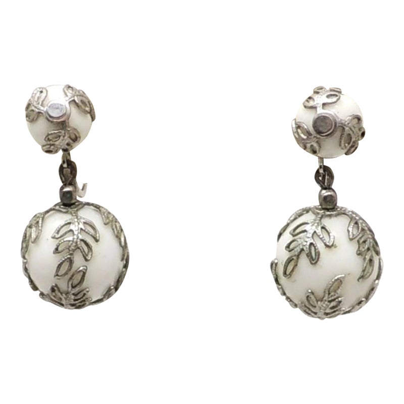 Vintage 1950s Signed Crown Trifari Silvertone Filigree & White Resin Dangle Clip Earrings-2 Pieces