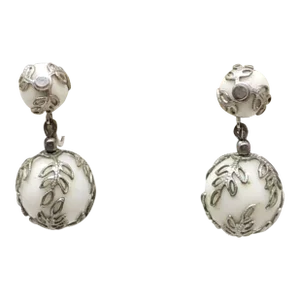 Vintage 1950s Signed Crown Trifari Silvertone Filigree & White Resin Dangle Clip Earrings-2 Pieces