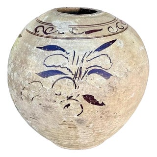 Antique Chinese Cizhou Pottery Wine Jar Vase Hand-Painted Asian Vessel For Sale