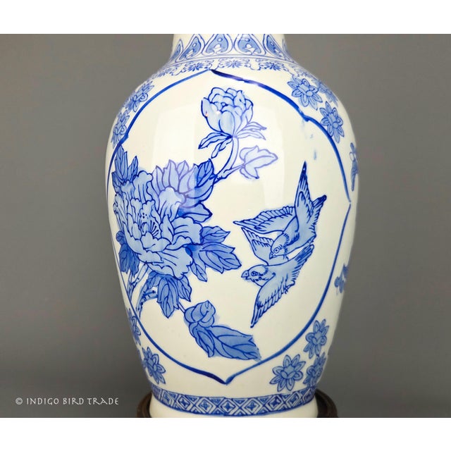 Vintage Blue and White Chinoiserie Porcelain Vase Lamp With Birds Flowers and Butterflies For Sale - Image 4 of 12