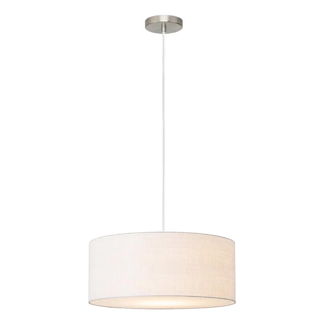 Stretch Pendant, 22" White Linen Drum Shade, Satin Nickel, Dimmable For Sale