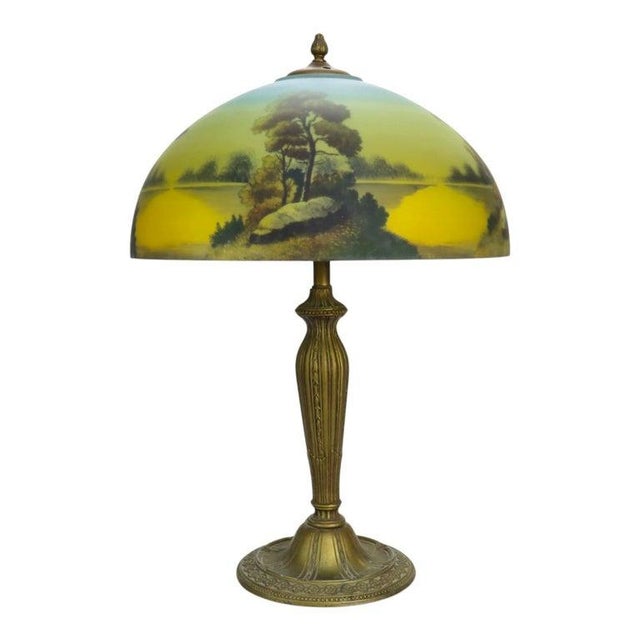 1920s Arts & Crafts Phoenix Reverse Painted Landscape Lamp C1920 For Sale - Image 5 of 10