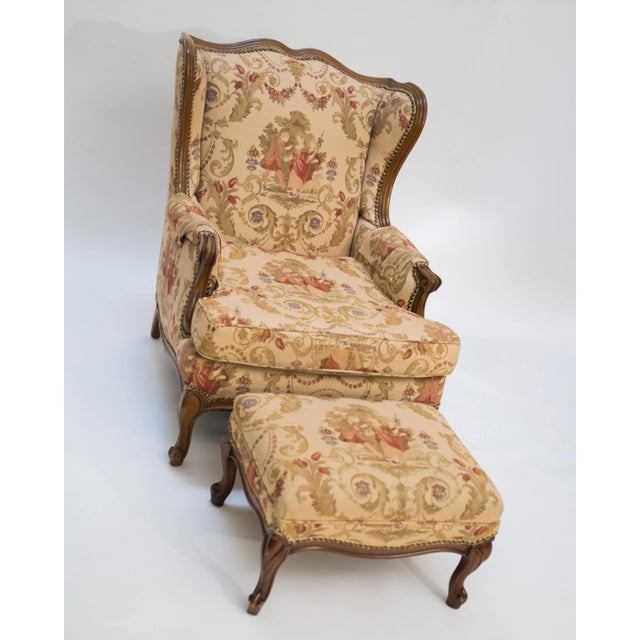 Wood Early 20th Century Antique French Country Louis XV Style Carved Oak Bergere Wingback Chairs Pair For Sale - Image 7 of 15