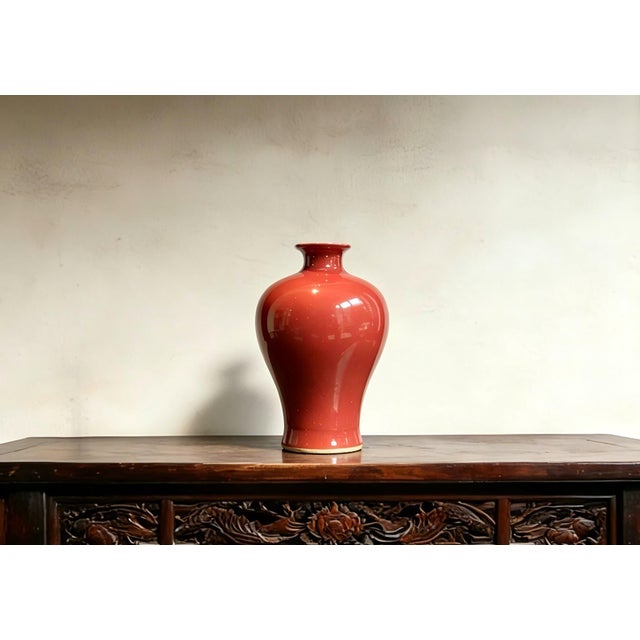 Art Deco Chinese Ceramic Vase,Kangxi Marked Red Glaze Porcelain Plum Vase For Sale - Image 3 of 11