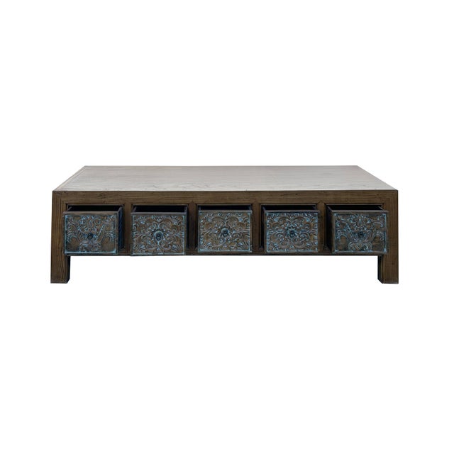 Wood Brown Solid Wood Flower Carving 5 Drawers Blue Marks Low Tv Stand Cabinet For Sale - Image 7 of 9