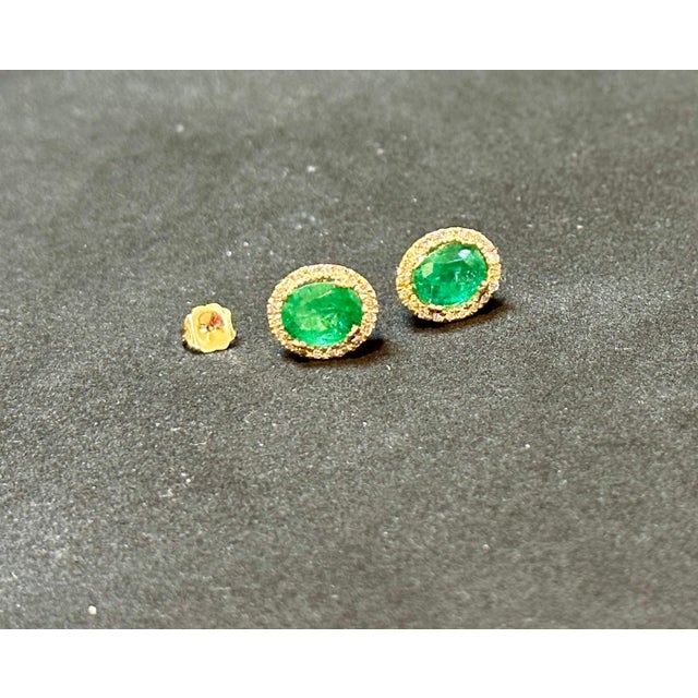 2010s 6 Carat Oval Shape Emerald and Diamond Post Back Earrings 14 Karat Yellow Gold For Sale - Image 5 of 18