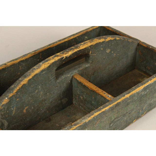 1800's Primitive Painted Pine Wood Tool Caddy Box Gray - Green For Sale - Image 9 of 16