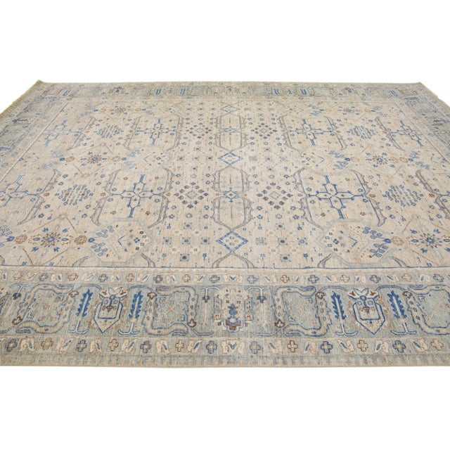 2010s 2010s Beige Modern Indian Handmade Geometric Wool Rug by Apadana For Sale - Image 5 of 8
