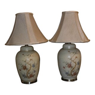 Mid 20th Century Chinoiserie Ceramic Floral Ginger Jar Table Lamps - a Pair For Sale