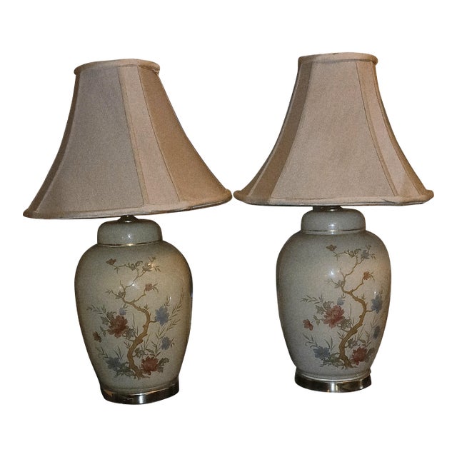 Mid 20th Century Chinoiserie Ceramic Floral Ginger Jar Table Lamps - a Pair For Sale