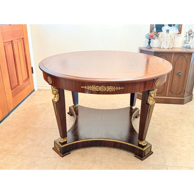 French “Neoclassical Empire Style Mahogany Round Center Table With Gilt Bronze Figural Mounts” For Sale - Image 3 of 5
