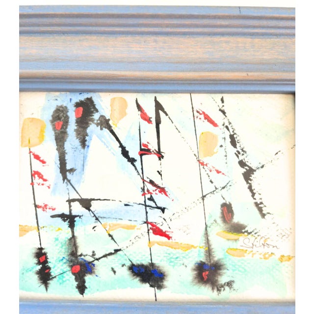 1990s Abstract Mixed Media Painting Watercolor Acrylic Signed Peter Stilton Framed Small Coastal Nautical For Sale - Image 4 of 9