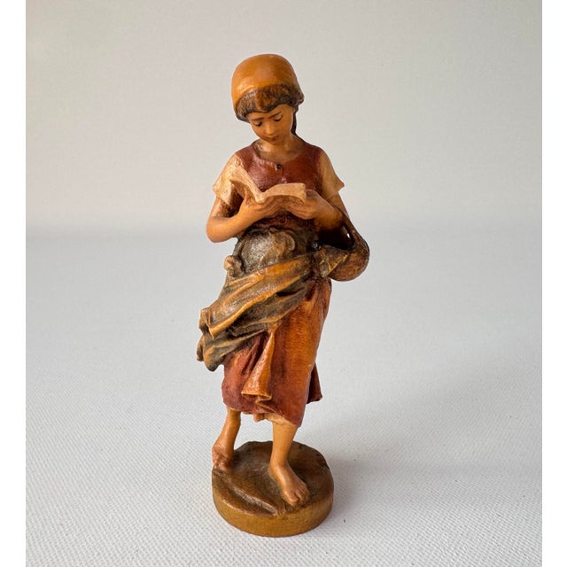 Mid 20th Century Vintage Carved Wood Reading Girl Figurine With Basket For Sale - Image 5 of 9