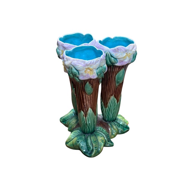 Rare Antique Majolica Pottery Triple Flower Vase For Sale - Image 4 of 5