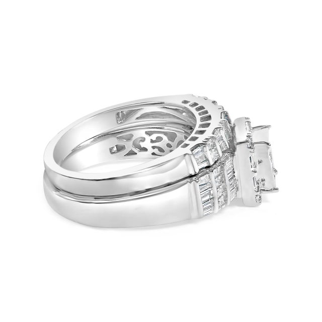 Immerse yourself in the timeless elegance of this bridal engagement ring set, masterfully crafted from .925 sterling...