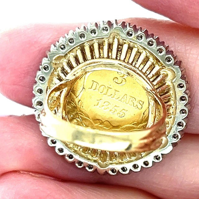 1855 Indian Princess $3 Gold Coin w/Diamond Bezel set in 14k Gold Ring - Size 4 For Sale In Miami - Image 6 of 8