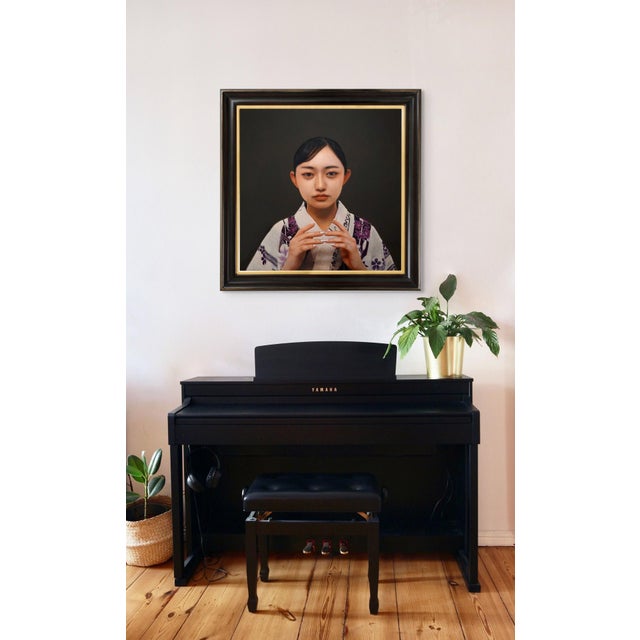 Early 21st Century Archaic Prayer by Kazuya Ushioda | Oil Painting of a woman in traditional clothing with hands clasped For Sale - Image 5 of 5