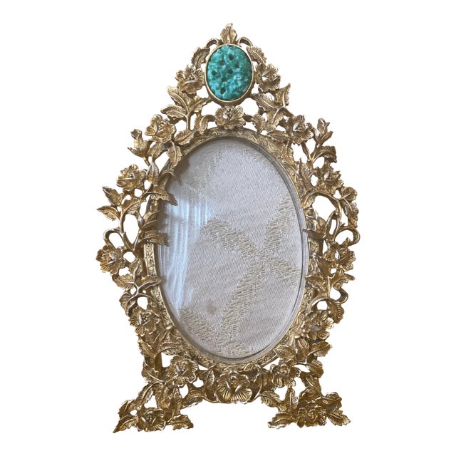 Vintage Gold & Jade Gemstone Oval Picture Frame For Sale