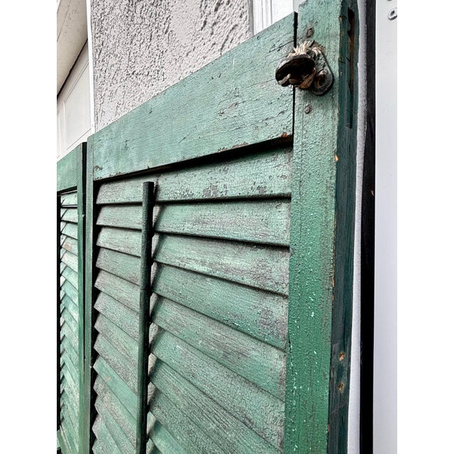 Late 19th Century Antique American Green Farmhouse Shutter 19th C Architectural Salvage- Pair For Sale - Image 5 of 8