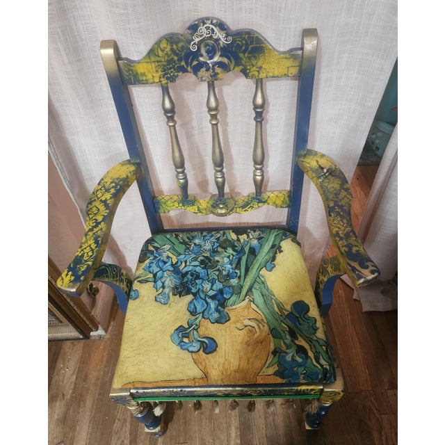 French Bespoke Louis XVI Style Accent Armchair – Custom Van Gogh "Irises" Decoupage & Jewel-Toned Statement Seating For Sale - Image 3 of 5