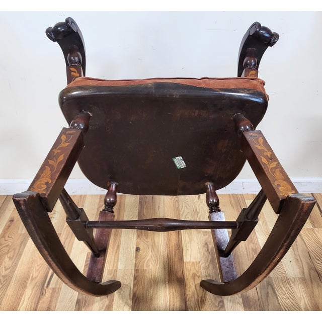 Antique Dutch 19th C Carved & Marquetry Inlaid Rocking Chair + Needlepoint Pillow For Sale - Image 18 of 18