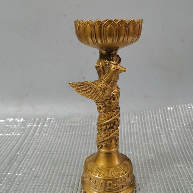 Metal 1970s Brass Dragon & Phoenix Candle Holders, Pair of Lotus Top Candlesticks For Sale - Image 7 of 9